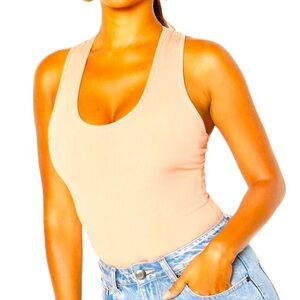 Boohoo Peach Ribbed Scoopneck Racerback Bodysuit Womens Size 10